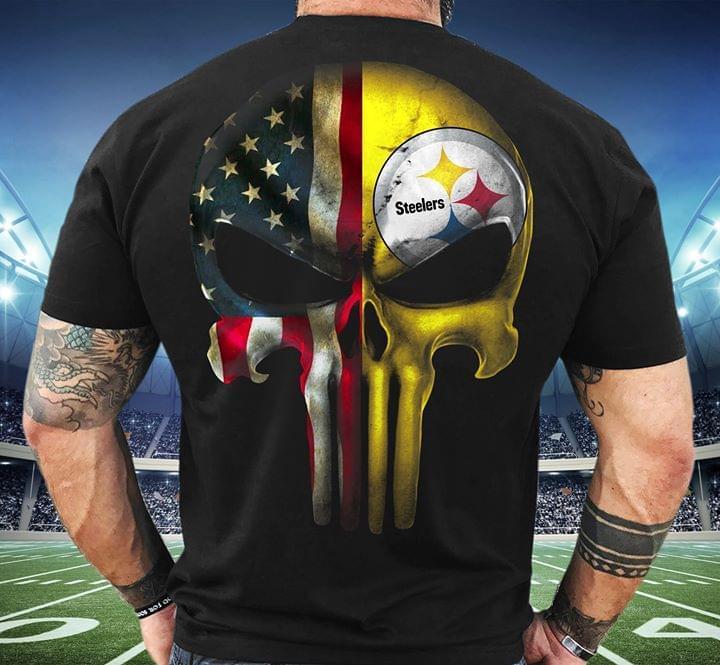 Nfl Pittsburgh Steelers Skull American Flag T Shirt White Plus Size Up To 5xl