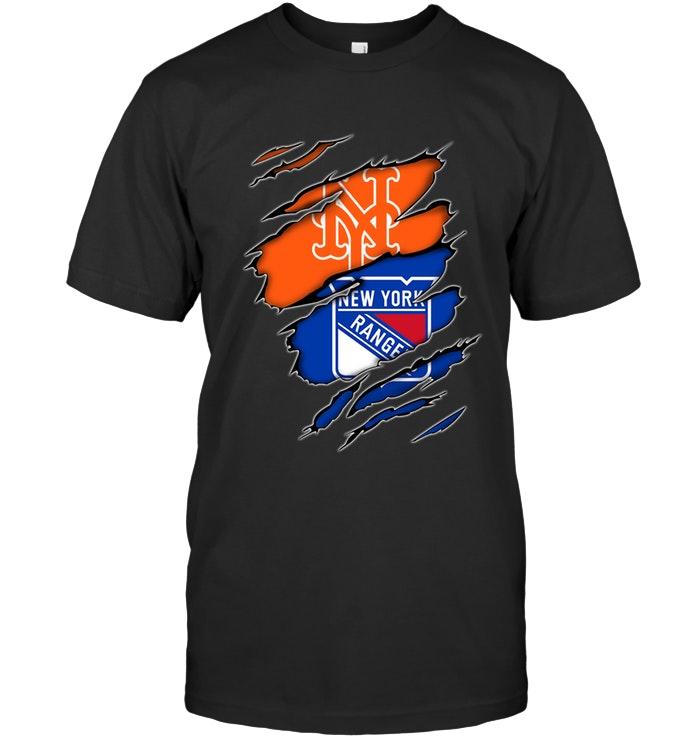 Nhl New York Rangers New York Mets And New York Rangers Layer Under Ripped Shirt Black Plus Size Up To 5xl