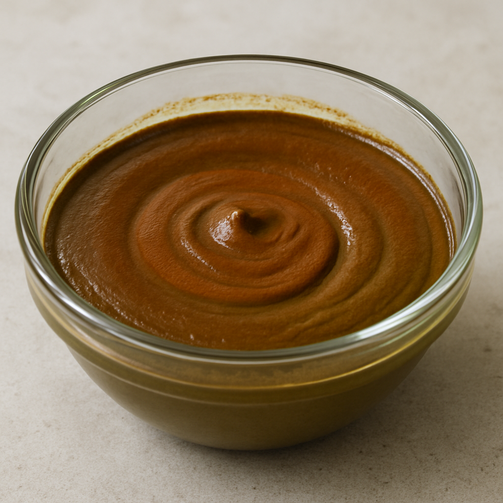 A glass bowl containing smooth henna paste with a slight brownish-red tint on the surface, showing 'dye release'.