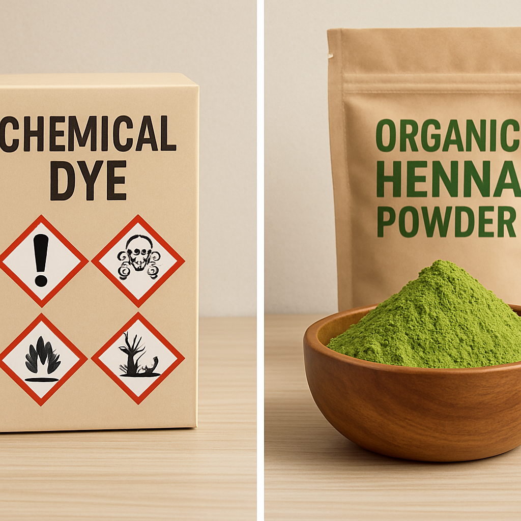 A side-by-side comparison of a chemical-dye box showing warning symbols versus a bag of vibrant green organic henna powder in a wooden bowl.