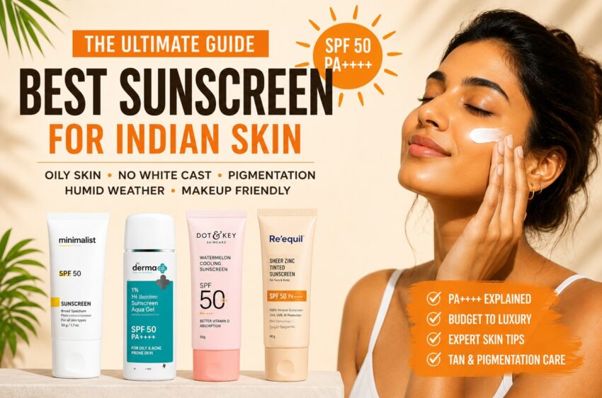 Best Sunscreen for Indian Skin Guide 2026 featuring SPF 50 PA++++ sunscreens for oily skin, no white cast, pigmentation protection, humid weather and makeup-friendly sunscreen recommendations for brown skin tones in India