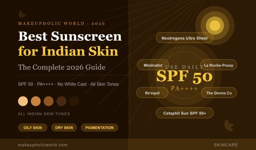 Best sunscreen for Indian skin 2026 guide — featuring top picks including Neutrogena Ultra Sheer, Minimalist SPF 50, La Roche-Posay Anthelios, Re'equil, Cetaphil and The Derma Co, with skin tone swatches and SPF 50 PA++++ guide — Makeupholic World