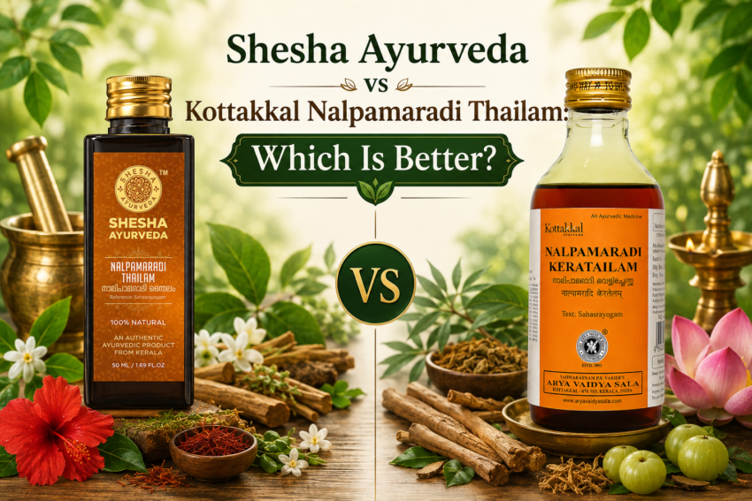 Shesha Ayurveda vs Kottakkal Nalpamaradi Thailam comparison — side by side illustration showing sesame oil base vs coconut oil base, price, tan removal and skin brightening benefits, Kerala Ayurvedic formula
