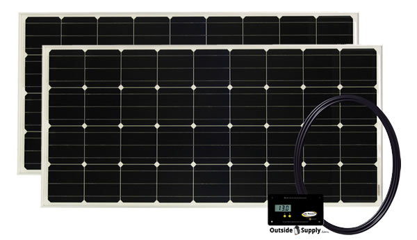 A pair of RV solar panels in a Go Power RV solar kit.